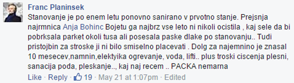 Stanovanje je saniral eno leto. Faksimile zapisa Franca Planinška o bivši najemnici Anji Bohinc Bojetu na Facebooku (za povečavo kliknite na sliko).
