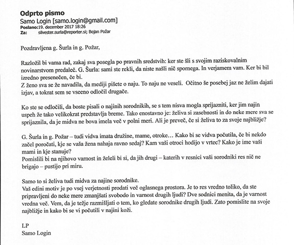 Pismo Sama Logina. To verzijo pisma je dan kasneje, ko ga je pošiljal medijem, precej dopolnil z nekaterimi precej prirejenimi informacijami okoli sporne prodaje Najdi.si - Telekomu Slovenije.<br>