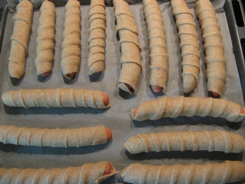 Ovite hrenovke čakajo, da testo še zadnjič vzhaja pred odhodom v pečico