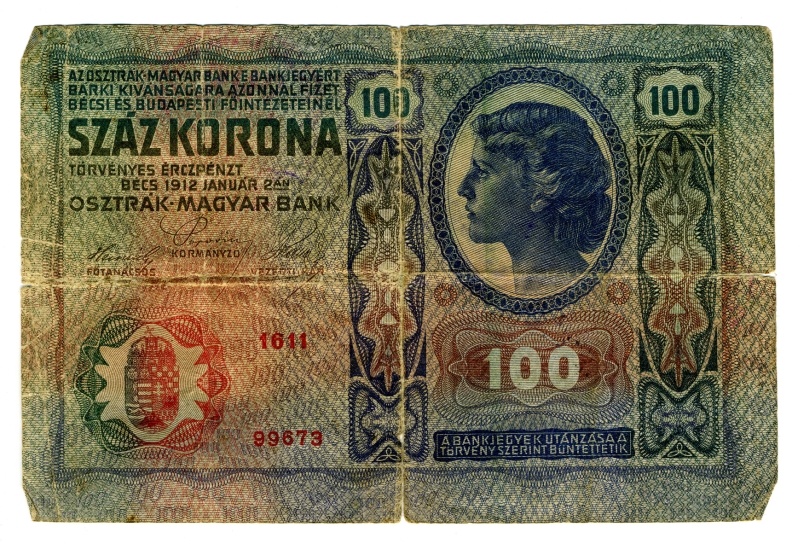 				100 ŽIGOSANIH AVSTRO-OGRSKIH KRON<br>1912, 10,8 x 16,4 cm<br>Inv. št.: 2819<br> <br>Ob nastanku Kraljevine Srbov, Hrvatov in Slovencev so bile na ozemlju, ki ga je obsegala, v obtoku štiri denarne valute: avstro-ogrske krone, srbski dinarji, črnogorski perperji in bolgarski levi. Ves denar so zamenjali v dinarje do konca leta 1921, do takrat pa so lahko plačevali z žigosanimi drugimi valutami. Največ je bilo v obtoku avstro-ogrskih kron, ki so jih na začetku menjavali v razmerju dve kroni za en dinar, proti koncu menjave pa štiri krone za en dinar.      <br>			