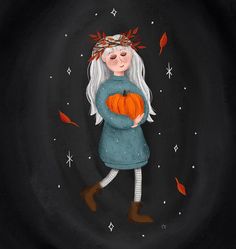 Digital illustration of a little girl holding a pumpkin with leaves and sparkles surrounding her. Fall Character Design #fall #characterdesign #illustration #illustrator #childrensbook
