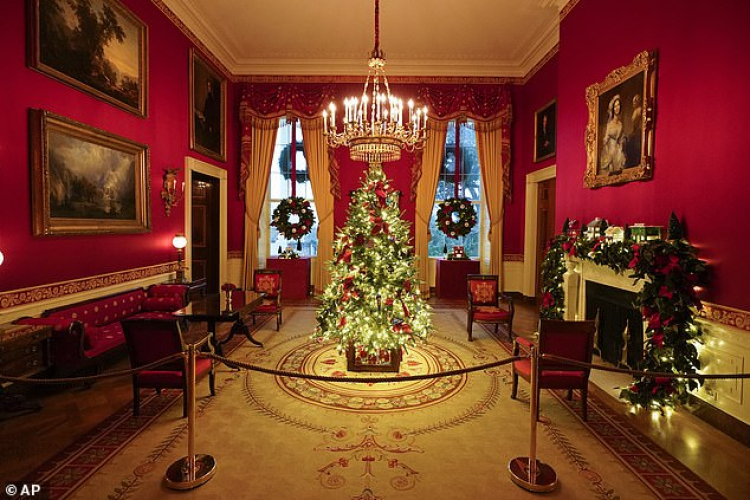 Decorations in the red room are dedicated to first responders, front line workers and essential employees like grocery store workers