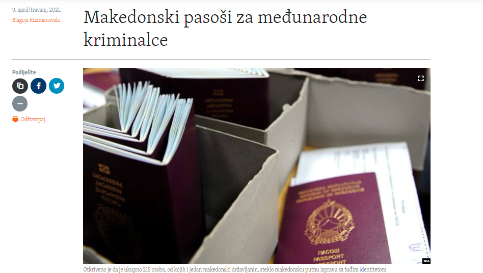 
				Naslovnica medija Slobodna Evropa, ki razkriva kriminalne posle o ponarejanju potnih listov v Severni Makedoniji. (Foto: Posnetek zaslona- Slobodna Evropa)			