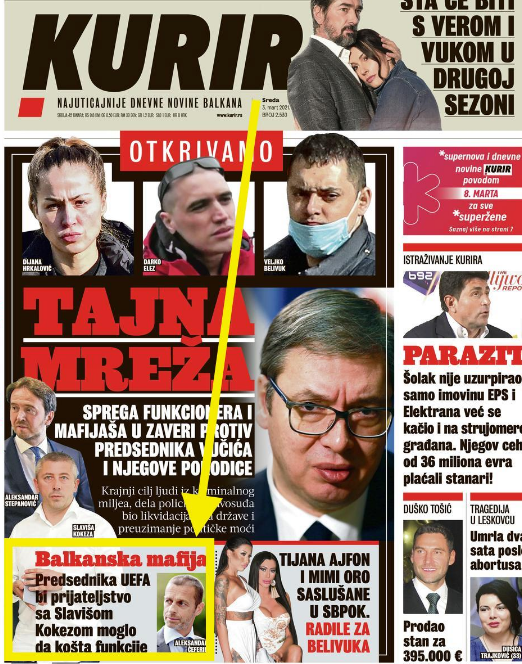 
				Naslovnica Kurira, da balkanska mafija prevzema Uefo. (Foto: Posnetek zaslona- Kurir)			