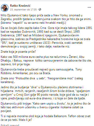
				Zapis Ratka Kneževića na Facebooku o Milu Đukanoviću. (Foto: Facebook)			