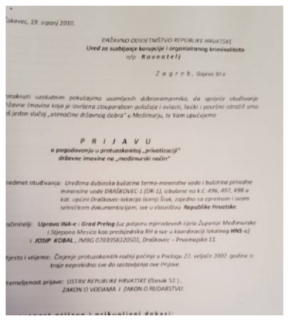 
				Prva stran kazenske ovadbe vložena na hrvaški USKOK. (Foto: Prava.si)			