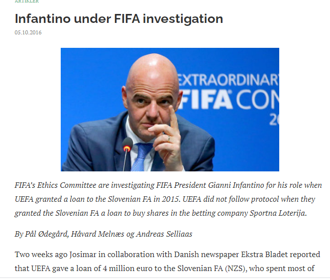 
				Članek iz norveškega Josimarja, kjer razkrivajo vso spornost kredita, ki ga je prejela NZS v času Čeferina od UEFA. (Foto: Posnetek zaslona- Josimar)			