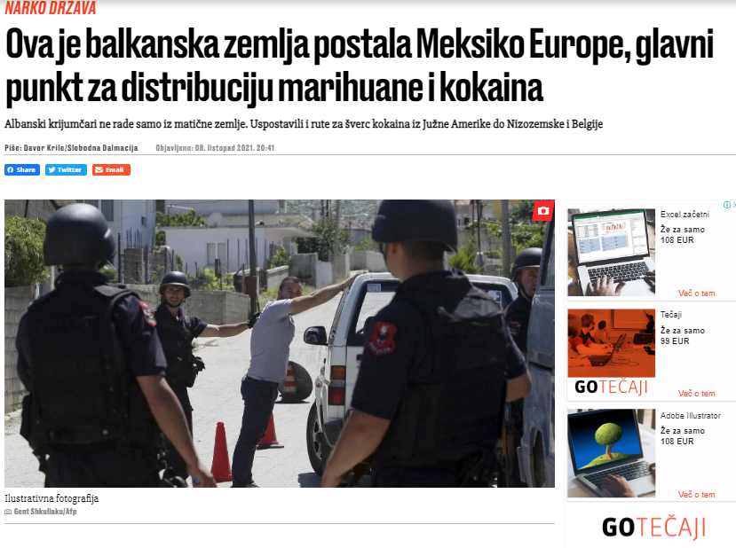 				Naslovnica Jutranjega lista, da je Albanija postala osrednja narko država v Evropi. (Foto: Posnetek zaslona- Jutranji)			
