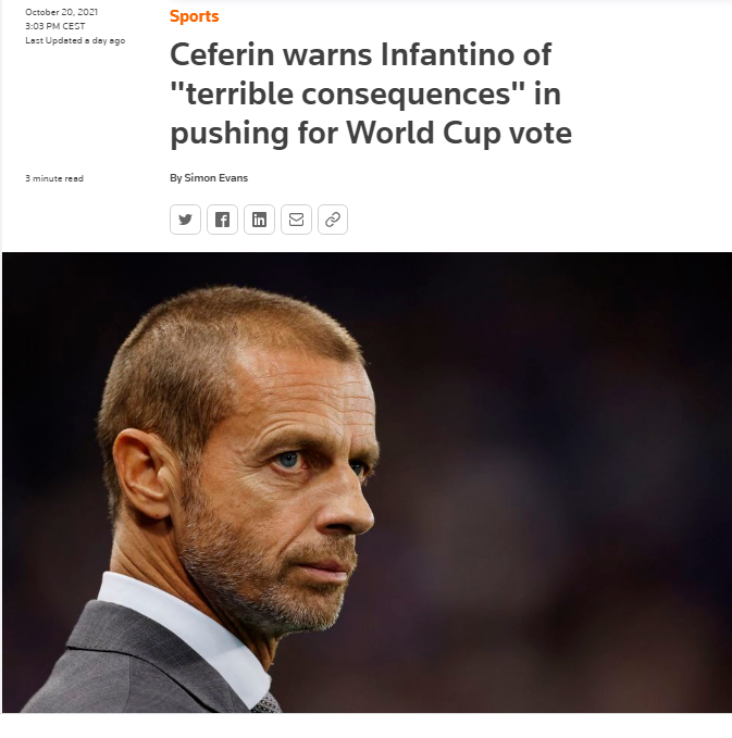 
				Naslovnica Reutersa, kjer predsednik UEFA Aleksander Čeferin opozarja na posledice, če se bo sprejel predlog, da bo svetovno prvenstvo v nogometu vsaki dve leti. (Foto: Posnetek zaslona-Reuters)			