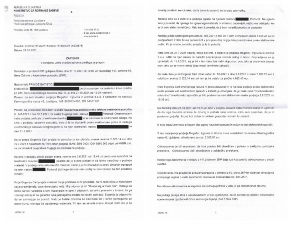 
				Besedilo vložene kazenske ovadbe podjetja Megaflor proti novinarki RTV Slovenija Eugeniji Carl. (Foto: Posnetek zaslona-Požareport)			