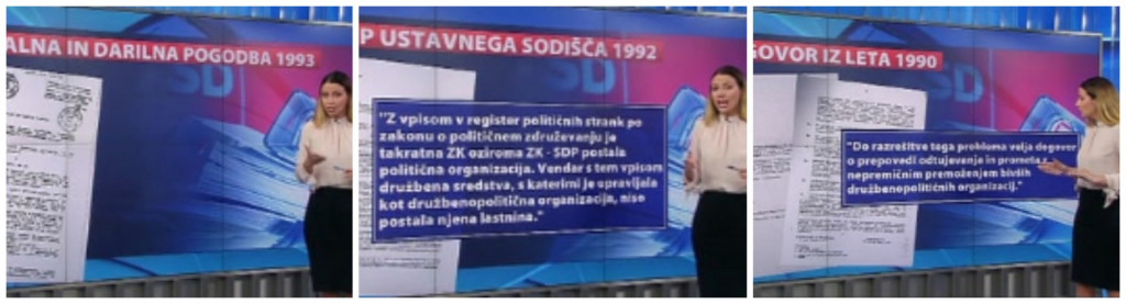 				Irena Joveva predstavlja vse ključne dokumente, ki dokazujejo, da je lastništvo nepremičnin v lasti stranke SD zelo sporna. (Foto: Posnetek zaslona- Dejstva 24ur/POP TV)			