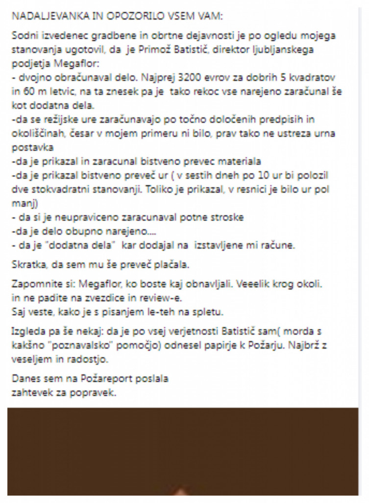 				Zapis Eugenije Carl na svojem profilu na Facebooku o podjetju Megaflor. (Foto: Posnetek zaslona- Facebook)			