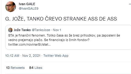 
				Tvit Ivana Galeta o poslancu SDS Jožetu Tanku. (Foto: Posnetek zaslona-Twitter)			