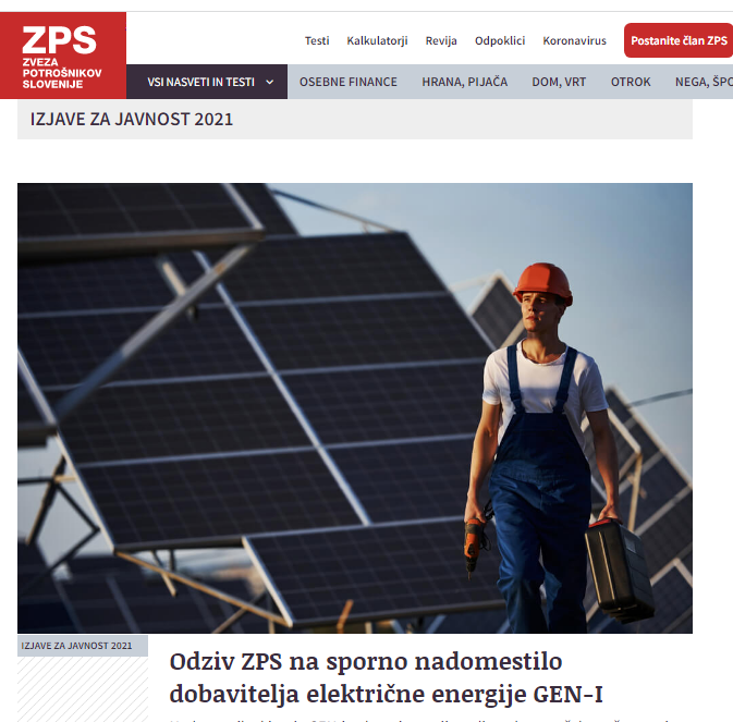 Naslovnica, kjer se je Zveza potrošnikov Slovenije odzvala na sporno nadomestilo podjetja GEN-I. (Foto:Posnetek zaslona-ZPS) 