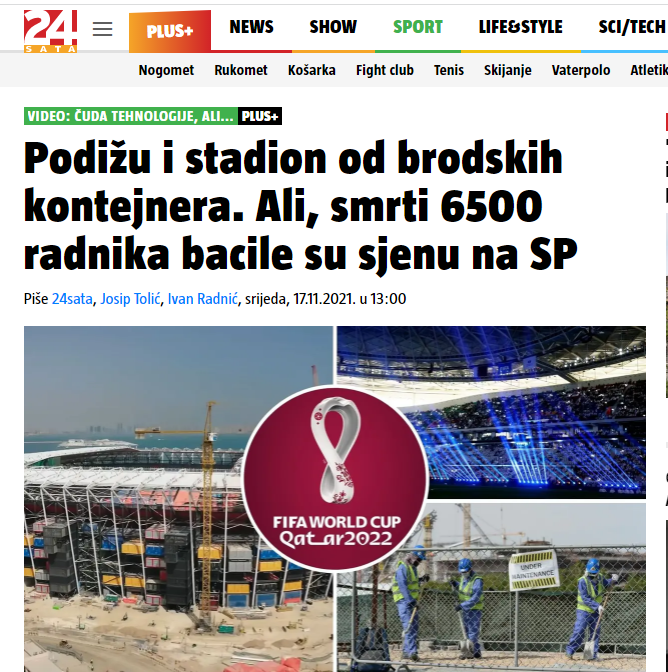 
				Naslovnica medija hrvaškega medija 24sata, ki razkriva, da je v Katarju umrlo 6500 delavcev pri gradnji objektov za svetovno prvenstvo v Katarju naslednje leto. (Foto: Posnetek zaslona- 24sata)			
