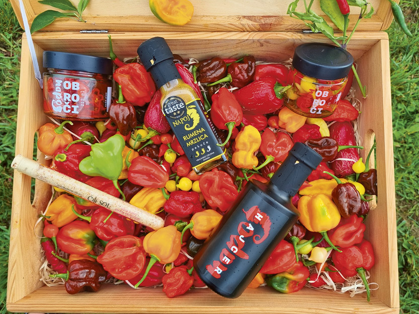 				Pisana ponudba izdelkov iz čilija: omake, sol, vinsko žganje ter vloženi čiliji v kisu			