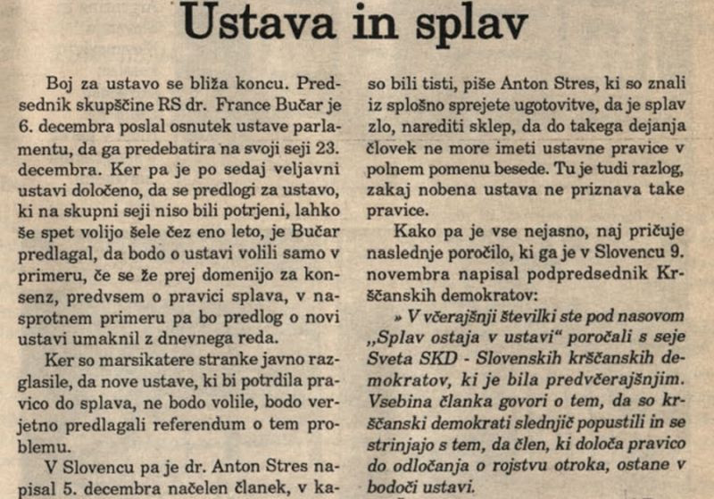 				Tema o opredelitvi splava v ustavi odmeva tudi v slovenskem tisku v tujini v Svobodni Sloveniji. | Avtor : Svobodna Slovenija			