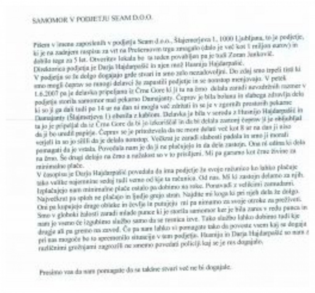 
				Aninimno pismo zaposlenih v poslovnem imperiju zakoncev Hajdarpašić, objavljeno leta 2007 v Požareportu. (Foto: Posnetek zaslona- Pozareport)			