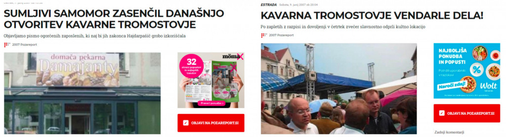 
				Naslovnica člankov o kavarni Tromostovje in samomoru v podjetjih zakoncev Hajdarpašić. (Foto: Posnetek zaslona- Požareport)			