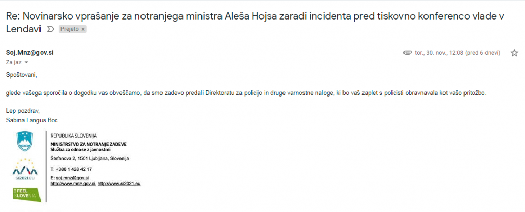 
				Odgovor ministrstva za notranje zadeve glede incidenta v Lendavi. (Foto: Elektronska pošta Luka Perš)			