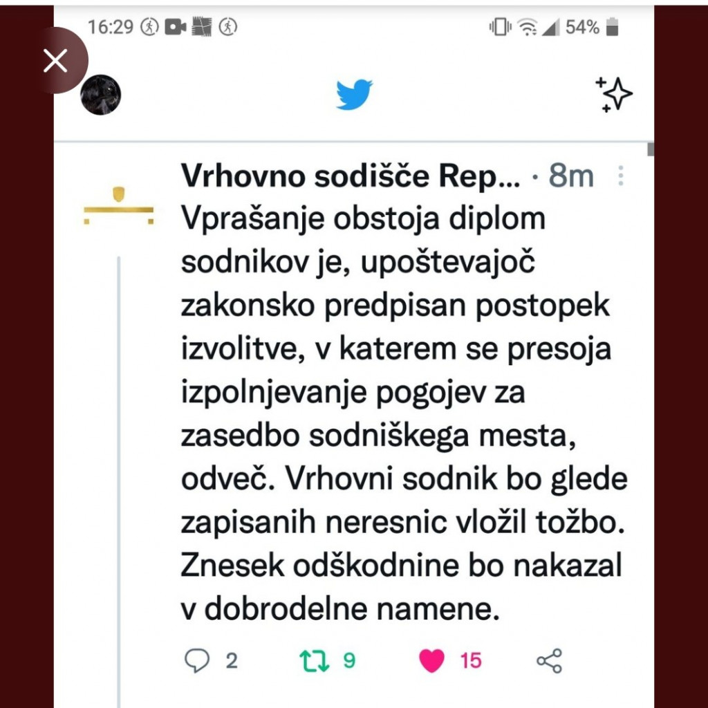				Tvit vrhovnega sodišča, kjer Branko Masleša grozi s tožbami. (Foto: Twitter)			