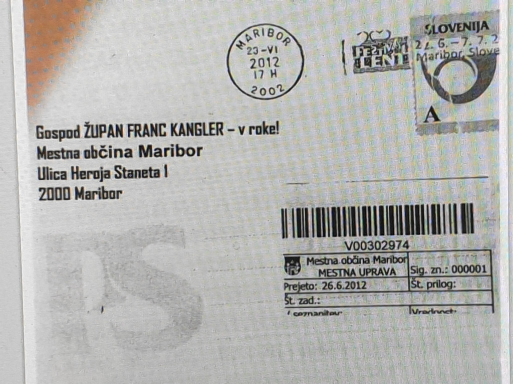 				Konec junija 2012 anonimno pismo takrat še župani Maribora Francu Kanglerju<br>			