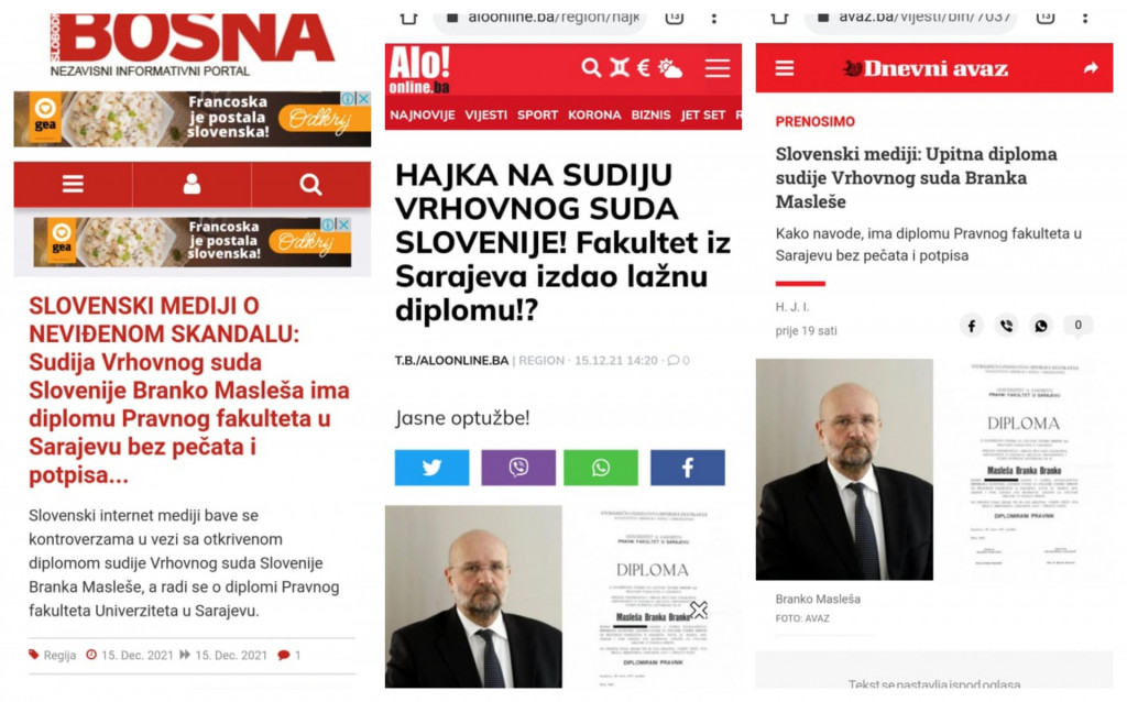 
				Naslovnice bosanskih medijev, ki so večinoma o aferi diplome Branka Masleše množično povzeli razkritje našega medija #Prava. (Foto: Posnetek zaslona- Slobodna Bosna, Alo, Dnevni Avaz)			