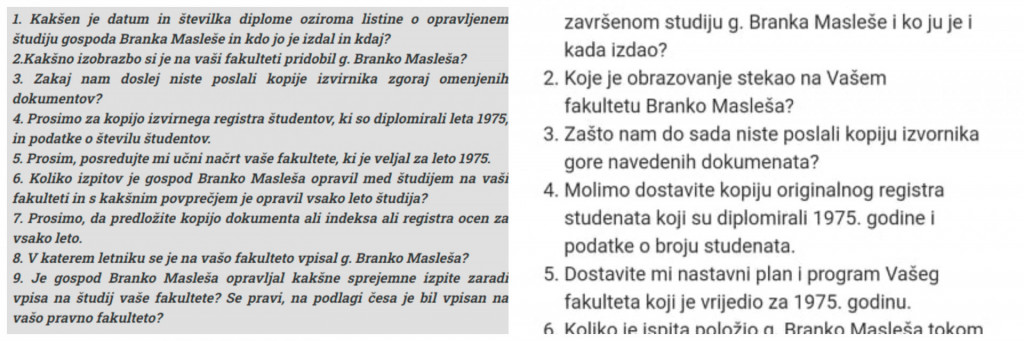 
				Na levi strani zastavljena vprašanja vodstvu PF Sarajevo z s strani našega medija #Prava, na desni strani povzetek naših vprašanj v bosanskem mediju Slobodna Bosna. (Foto: Posnetek zaslona- Prava in Slobodna Bosna)			