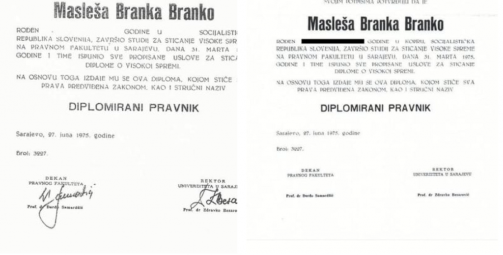 Na obeh neoverjenih kopijah diplome vrhovnega sodnika Branka Masleše iz PF Sarajevo in VS RS opazite, da je številka diploma 3227, ne pa 3224, kot je v almanahu diplomirancev PF Sarajevo. (Foto: Posnetek zaslona- Siol)