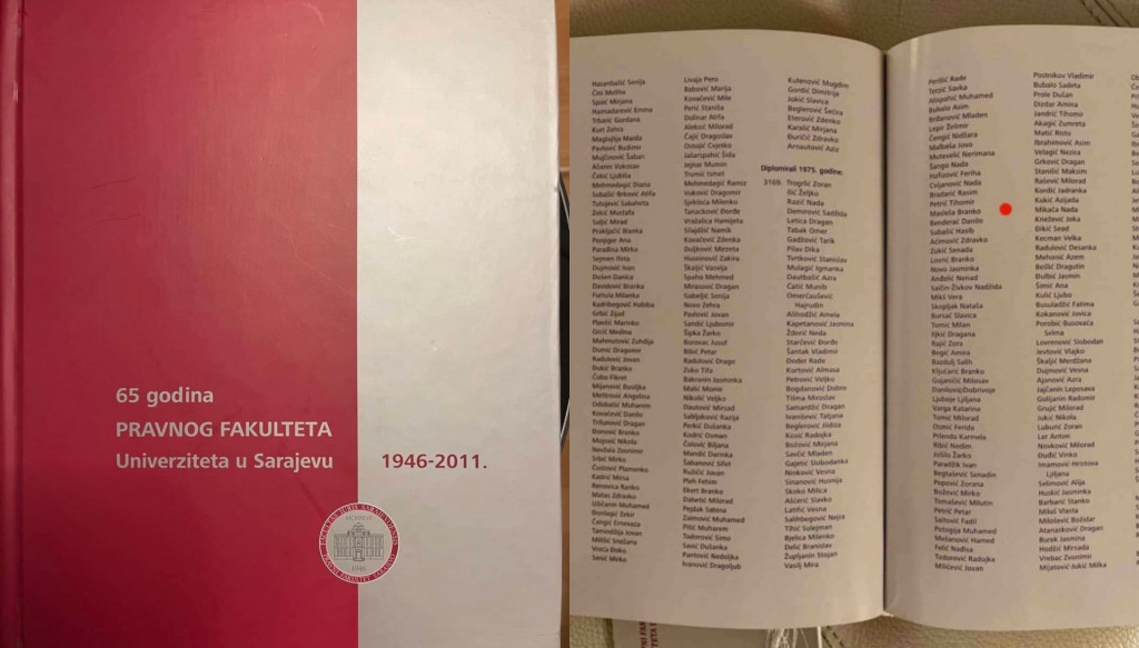 Na levi sliki naslovnica almanaha diplomirancev Pravne fakultete v Sarajevu v letih 1946-2011, na desni strani seznam diplomirancev iz leta 1975. (Foto: Bralec #Prava)