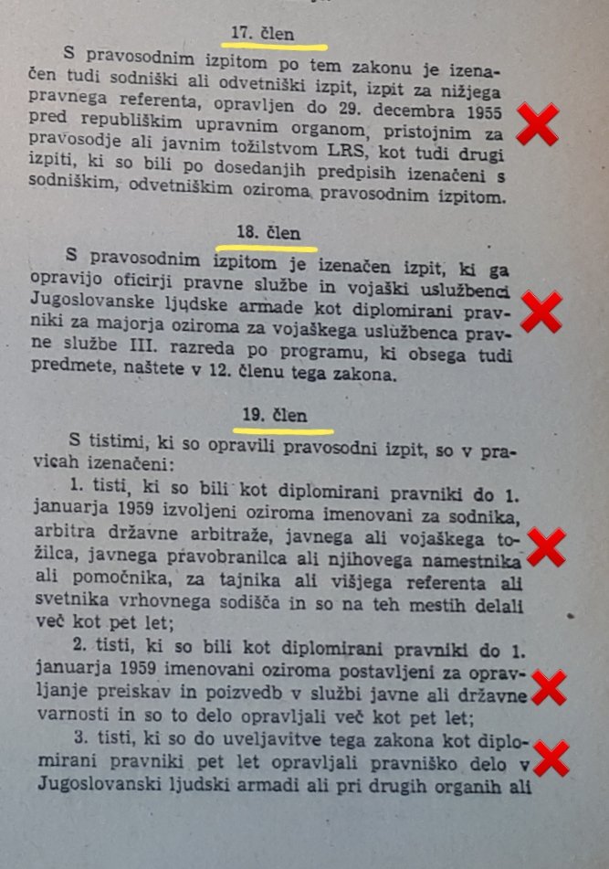 
				17., ¸18. in 19. člen Zakona o pravosodnem izpitu iz leta 1972. (Foto: Twitter)			