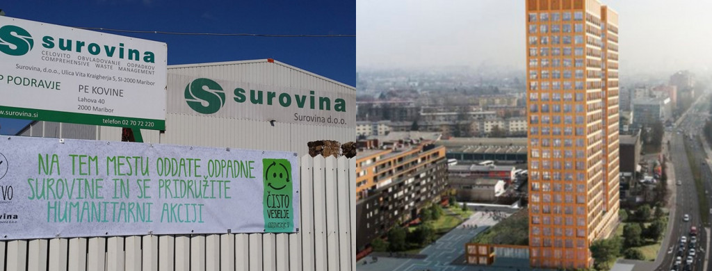 				Surovina je eno največjih podjetij, ki se ukvarja s predelavo odpadkov. Na desni strani maketa Rastoderjeve stolpnice v Šiški. (Foto: Posnetek zaslona- Surovina in Delo)			
