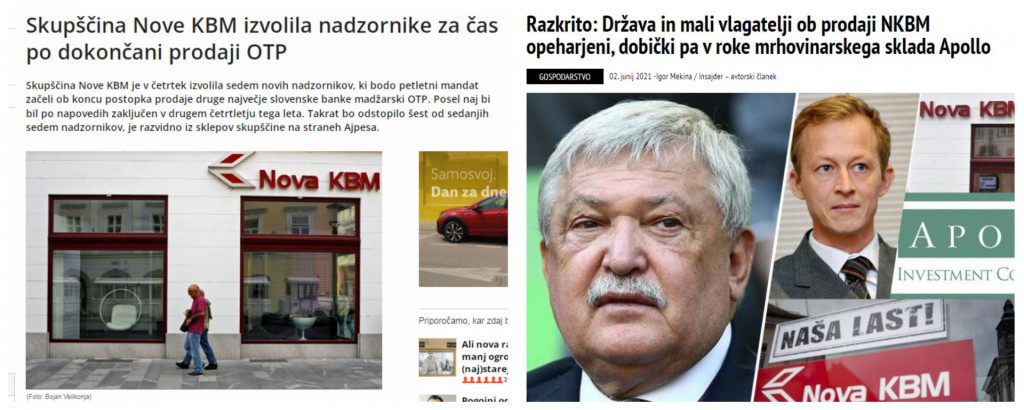 
				Na levi strani naslovnica Dnevnika, ki so poročali o zamenjavi nadzornikov v NKBM. Na desni strani naslovnica Insajderja, ki razkriva delovanje Apolla v Sloveniji. (Foto: Posnetek zaslona- Dnevnik, Insajder)			
