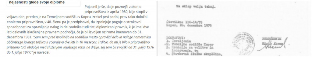 				Na levi strani Masleševa izpoved za RTV Slovenija glede ustreznosti pravosodnega izpita, na desni strani dokument republiškega sekretariata, ki ga je izvolil za sodnika v Kopru dne 26.1.2.1979. Kako je lahko za Maslešo veljala zakonodaje iz leta 1980? (Foto: Posnetek zaslona- MMC RTV Slovenija in Požareport)			