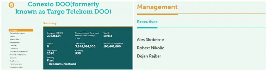 				Aleš Škoberne, Dejan Rajbar in Robert Nikolič za luksemburški sklad Madison Debt Holdinsg Sarl vodijo srbsko podjetje za telekomunikacijo Conexio. (Foto: Posnetek zaslona- Seenews)			
