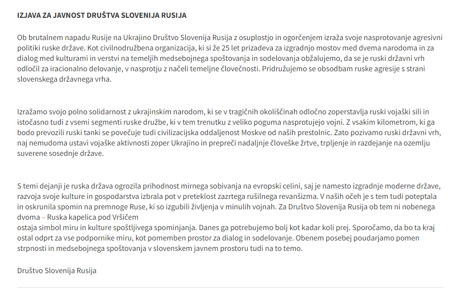 
				Izjava za javnost društva Slovenija Rusija. (Foto: Posnetek zaslona Društvo Rusija Slovenija)			