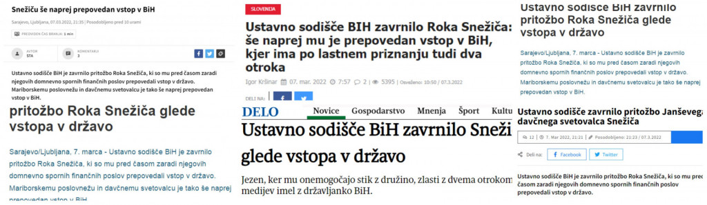 				Naslovnice slovenskih medijev, da Snežič nima dovoljenja vstopa v BIH. (Foto: Posnetek zaslona STA, Reporter, Delo, Svet24, 24ur)			