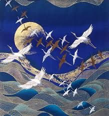 japanese crane fabric uk - Google Search Japanese Cotton Fabric Kona Bay Panel Birds Flying Cranes Gold Moon £19.99 ebay