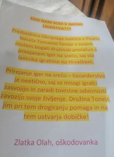 
				Oškodovanka Zlatka Olah o sodnici Nataši Tomazini Tonecj. (Foto: Arhiv Blaž Ždrnja)			