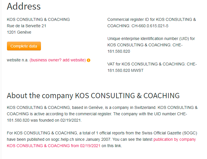 
				Naslov in opis podjetja Kos Consulting & Coaching v lasti dr. Marte Kos. (Foto: Posnetek zaslona-Yellow pages Swis)			
